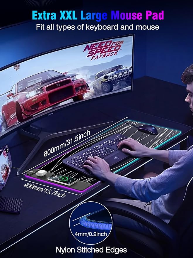 Mouse Pad with Magnetic Wireless Charging, Large Desk Pad Protector, RGB Black Mousepad Desk Mat with 15W Fast Charger, 4mm Thick Non-Slip, Waterproof Laptop Writing Pad for Office, Home, Gaming