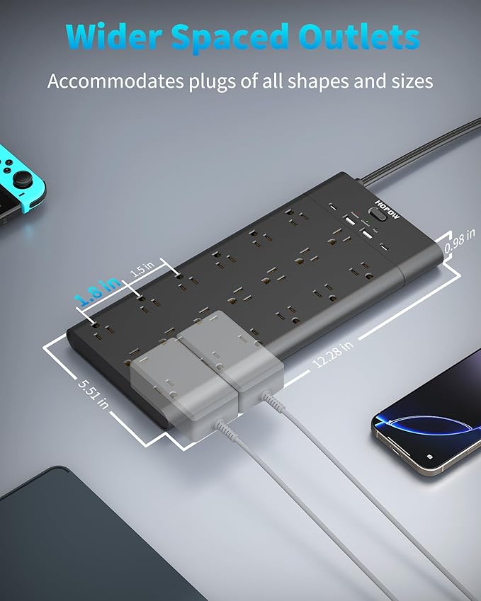 Surge Protector Power Strip with 19 Outlets and 4 USB Ports, HOPOW 15 Ft Flat Plug Heavy Duty Extension Cord, 1875W, 2100J Surge Protection, Wall Mount for Home, Office, Gaming Room, Dorm, Black