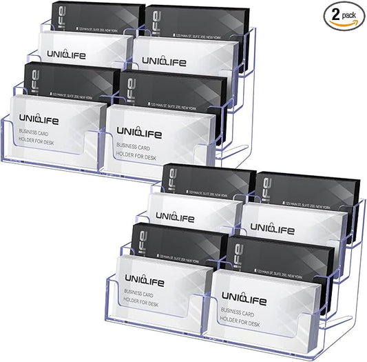 Uniclife 2 Pack Acrylic Business Card Holder for Desk 8 Slots Clear Business Card Display Stand for Men & Women Desktop Business Card Organizer Card Stand for Office Home Exhibition, 480 Card Capacity