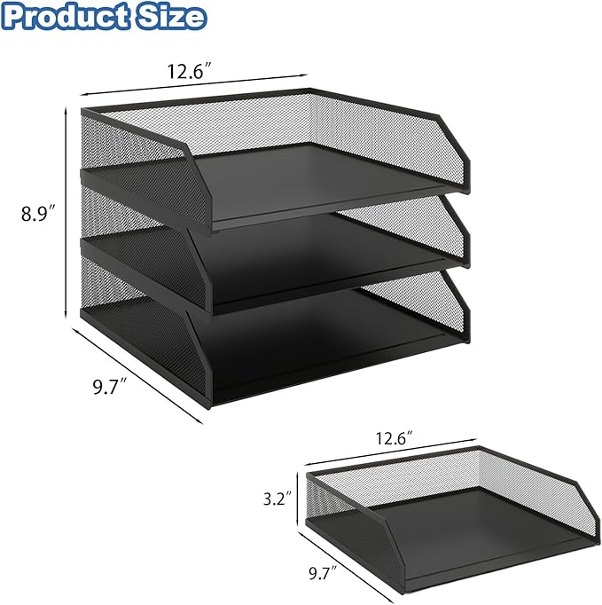 Natwind 3-Tier Stackable Paper Tray, Metal Mesh Desktop Organizer, A4 Desk Organizer, Stackable Letter Trays, File Folder Sorter Organizer with Sliding Tray for Home, Office, School (Black)