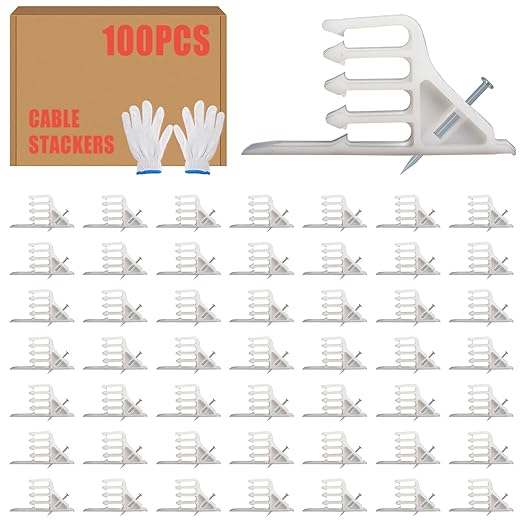 100Pcs Cable Stackers, White Cable Staples Clips with Steel Nails, Electrical Wire stackers, Insulated Cord Staples Multi Cable Wire Clips for Suitable Most Cables
