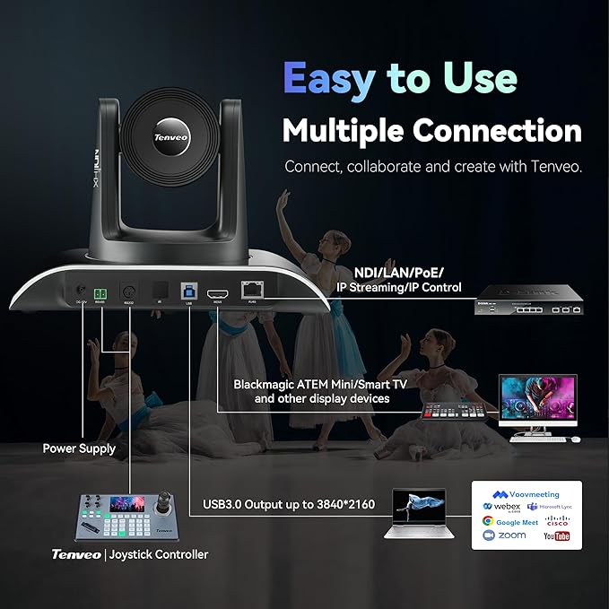 Tenveo 4K NDI PTZ Camera AI Humanoid & Face Auto-Tracking, HDMI/LAN/USB3.0 PoE PTZ Camera 20X Optical Zoom IP Live Streaming, for Church Services Worship Video Conference Live Streaming YouTube OBS