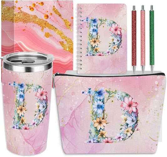 Personalized Gifts Monogrammed Birthday Gifts for Women, Boss Teacher Appreciation Christmas Initial 20 oz Tumbler, Makeup Bag Cup Ballpoint Pens Journal Notebook 6 Set, (Aesthetic Pink Flower D)