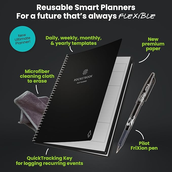Rocketbook Flex Reusable Planner, Smart Undated, Daily, Weekly, Monthly, Annual Calendar Templates, Letter Size 8.5x11, Black (Pack of 1)