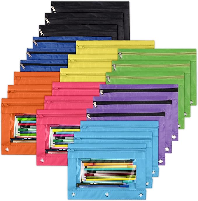 YoeeJob Pencil Pouch for 3 Ring Binder, Zipper Pencil Pouches Bulk, Pencil Case Pouch with Clear Window for Class, School, Office, 8 Colors-24 Packs