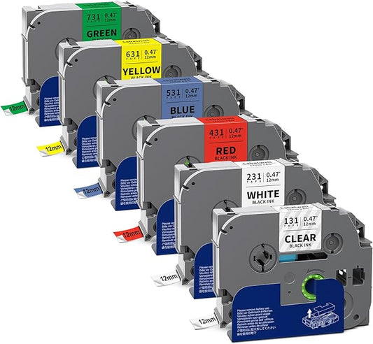 6-Pack TZe 12mm 0.47 Laminated Multi Color Compatible for P Touch Label Tape TZ TZe-231 131 431 531 631 for PTouch PT-H110 D210 D220 PT-H103W, Clear/White/Red/Blue/Yellow/Green