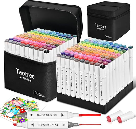 Taotree Alcohol Markers 100 Colors with Case & Holders, Dual Tips Art Coloring Markers Pens, Chisel & Fine Art Supplies Sketch Pens for Artist Kids Adult Coloring Books Drawing, Painting, Sketching