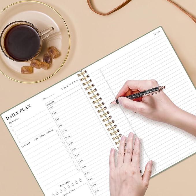 Daily Planner Undated - B5 To Do List Notebook Hourly Schedules, Spiral Appointment Planner for Women and Men, PVC Hardcover, Inner Pocket, Elastic Closure, 7" x 10", Green
