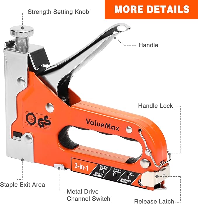 ValueMax Staple Gun, Heavy Duty 3-in-1 Manual Nail Gun with 3000 Staples, Upholstery Stapler for Wood, Furniture, Carpet, Carpentry, DIY, Wire, Decoration, Craft, Fixing Material, Decoration