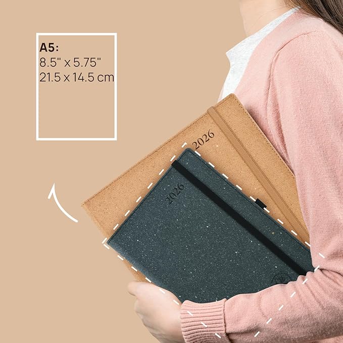 POPRUN 2026 Recycled Daily Planner 12 Months (A5 Medium Size 5.75'' x 8.5'') - One Page Per Day Calendar Hourly Appointment Book with Italian Regenrated Leather, Monthly Tabs, Pocket - Desert Brown