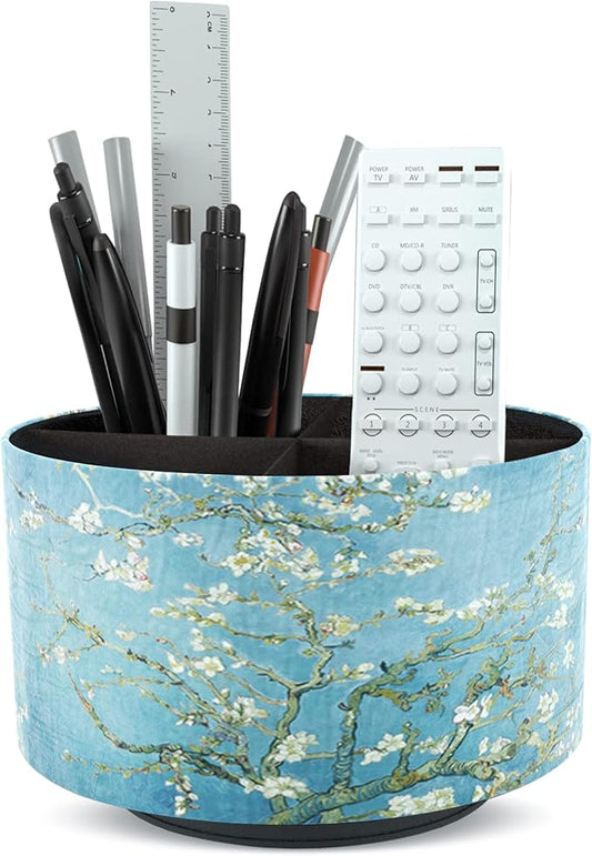 Hennaja Round Leather Art Supply Organizer,Remote Control Holder,360 Degree Rotating,Multi-Functional Pencil Holder,4 Compartments Desktop Stationary Organizer(1-Peach Blossom)