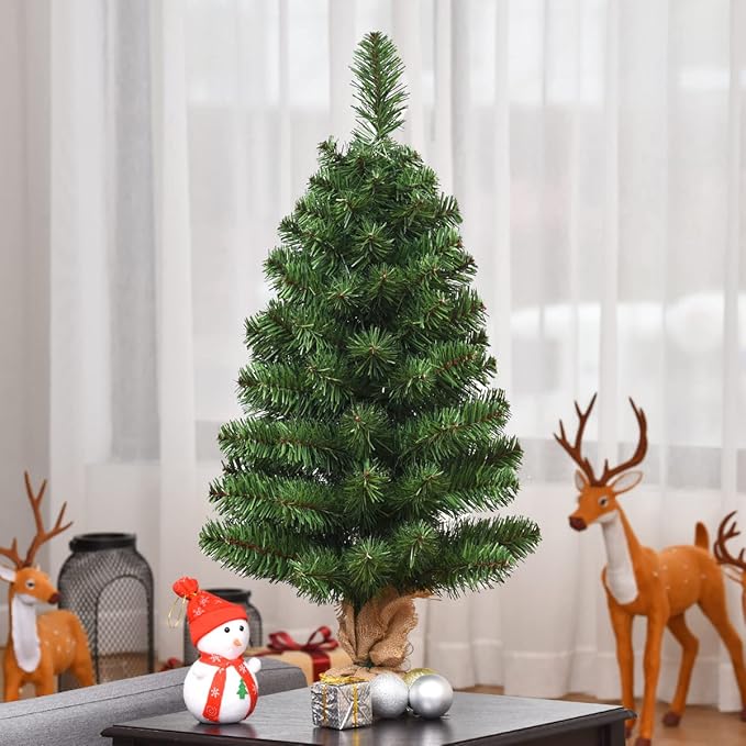HAPPYGRILL 3 Feet Small Christmas Tree, Artificial Tabletop Mini Christmas Tree with 96 PVC Branch Tips, Burlap Cement Base, Spruce Xmas Tree for Home, Office Holiday Decoration, No Assembly Required