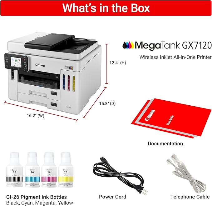 Canon Megatank GX7120 Wireless All-in-One Printer, Print, Copy, Scan and Fax with 2.7" LCD Touch Screen and Auto Document Feeder, White