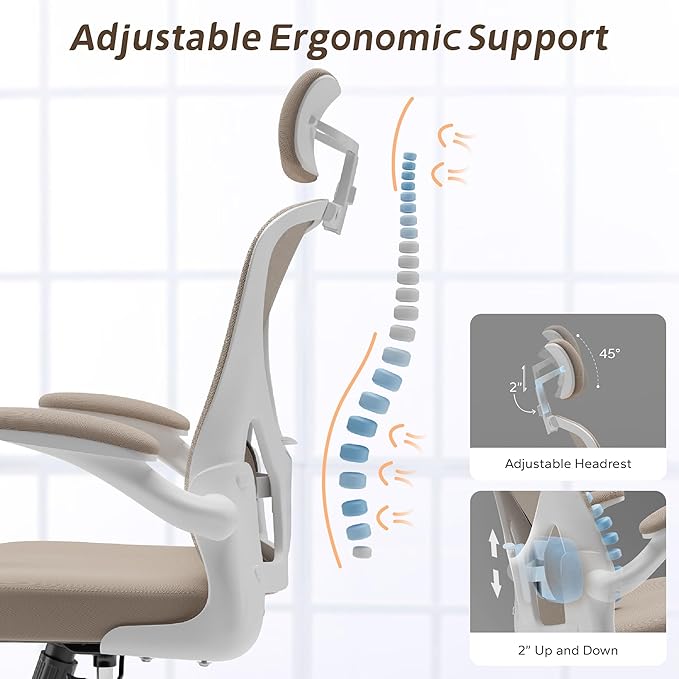 Ergonomic Office Chair with Adjustable Flip-Up Armrests & Lumbar Support - Thickened Cushion Desk Chair with Wheels, Comfy Home Office Computer Chair