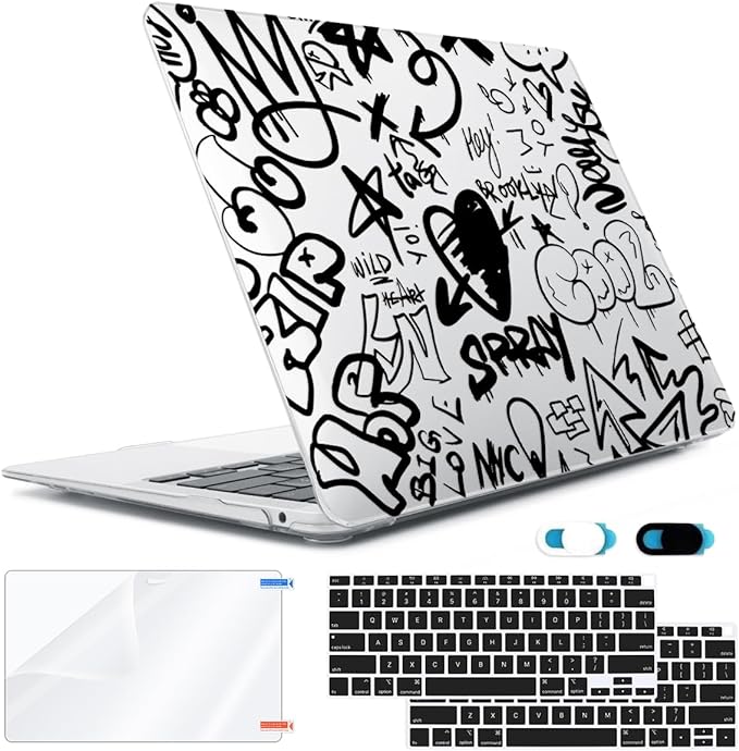 Compatible with MacBook Air 13 inch Case 2022 2021 2020-2018 Release M1 A2337 A2179 A1932 with Touch ID, Hard Print Case + Keyboard Skin + Webcam Cover + Screen Protector, Black Graffiti