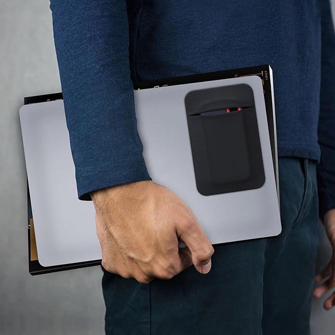 Lacdo Portable Hard Drive Sleeve for Laptop, Stick on Pouch with Reusable Adhesive, for SanDisk, Samsung, Crucial, Portable External Solid State Drive SSD Hard Drive Carrying Case Closed Pocket, Black