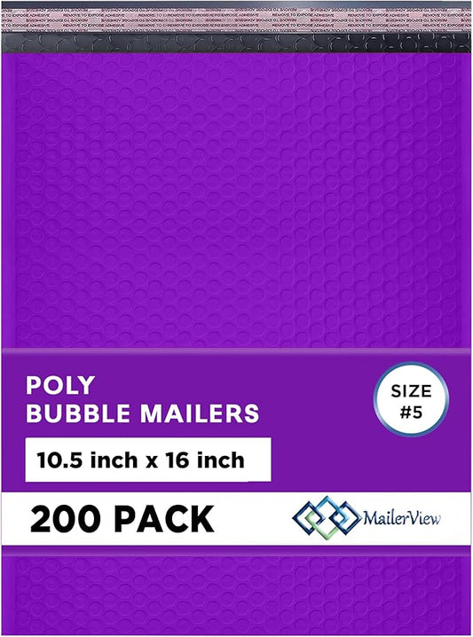 Purple 10.5x16 Inch Large Poly Bubble Mailers #5 | Padded Envelopes with Self Seal | Air Lined Cushioned Bubble Mailer | Usable Size 10.5x15 | 200 Pack Bulk | Lightweight shipping Bags