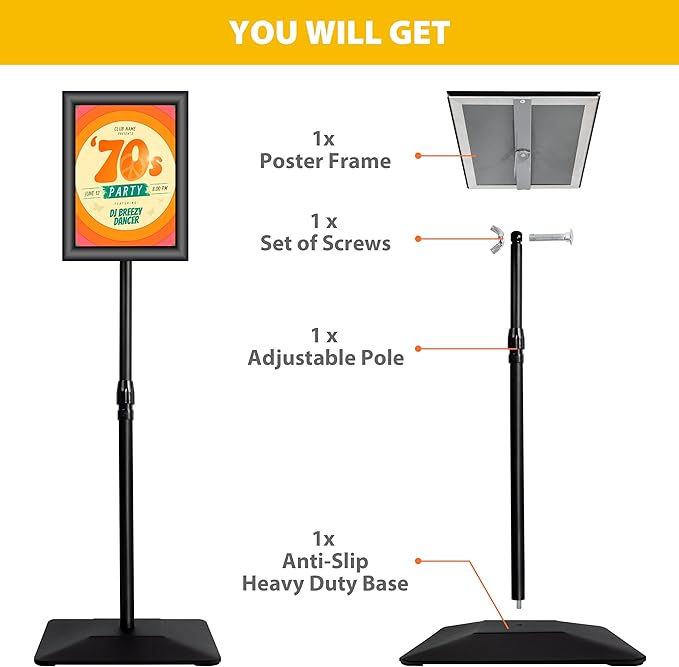 8.5"x11" Pedestal Poster Holder Stand with Heavy Duty Solid Steel Base, Adjustable Floor Standing Sign Holder for Vertical and Horizontal View, Super Stable Display, Black
