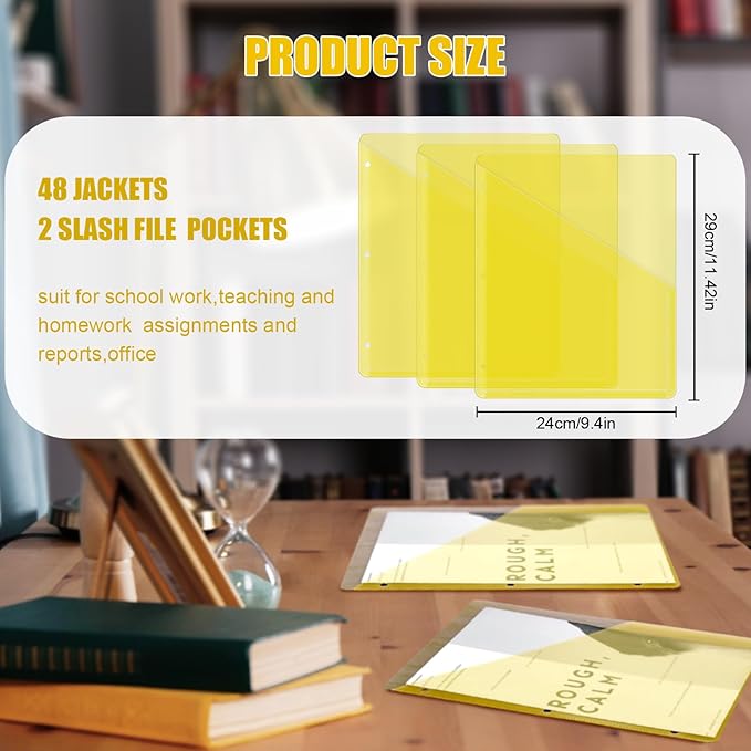 Seajan 48 Pcs Pocket Folders for 3 Ring Binder Clear Plastic Folders Sleeves with 2 Pockets 3 Hole Punch Binder Dividers Poly Slash File Jackets for Office School Document Organizer (Yellow)