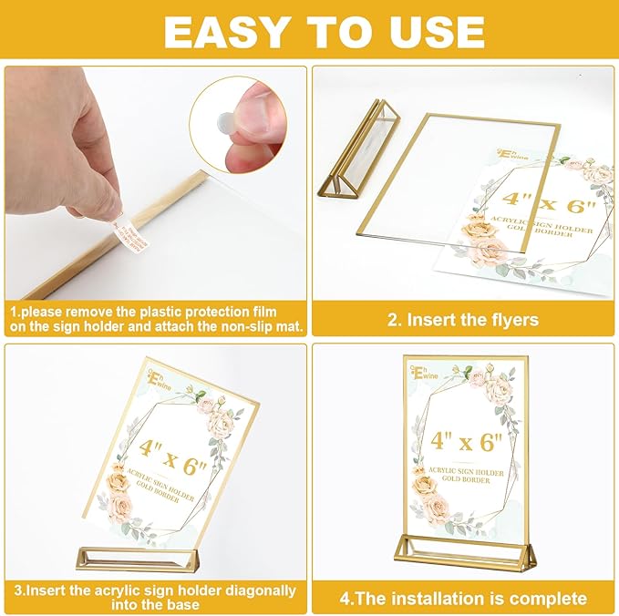 EHWINE 12 Pack Acrylic Sign Holder 4 x 6, Double Sided Gold Picture Frame Stand up Table Top Sign Holders, Clear Display Stand Menu Flyer Holder for Wedding Party