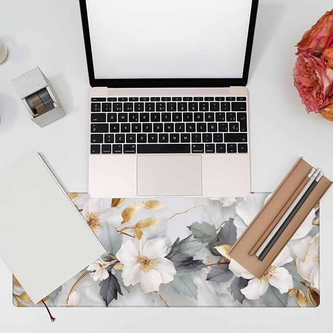 Desk Mat,White Gold Marble Desk Pad,White Flowers Golden Leaves Large Gaming Mouse Pad for Desk,Extended Big Computer Keyboard Mouse Pad with Non-Slip Base and Stitched Edge,31.5"x11.8"