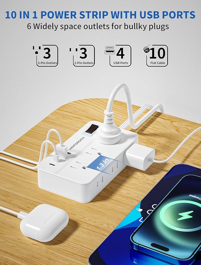 Surge Protector Power Strip - 5Ft Braided Extension Cord Flat Plug with 6 Outlets and 2 USB-A 2 USB-C Ports, 1080 Joules Wall Mounted Charging Station for Office Home ETL (10 FT)
