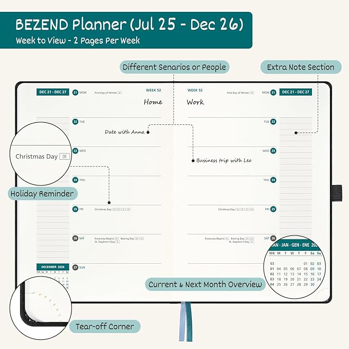 BEZEND 2026 Planner Weekly and Monthly (8.5" x 11"), Large 2-Column Calendar Book (Jul 25-Dec 26), Dual Schedule for Daily Appointment, Inner Pocket & Tabs, PU Leather Hardcover - Prussian Blue