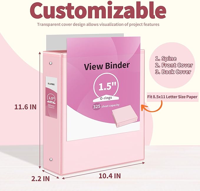 SUNEE 1.5 Inch Binders 3 Ring 4 Pack, Clear View 1 1/2 Inch Binders Three Ring PVC-Free (Fit 8.5x11 Inches) for School or Office Supplies, Assorted Pastel