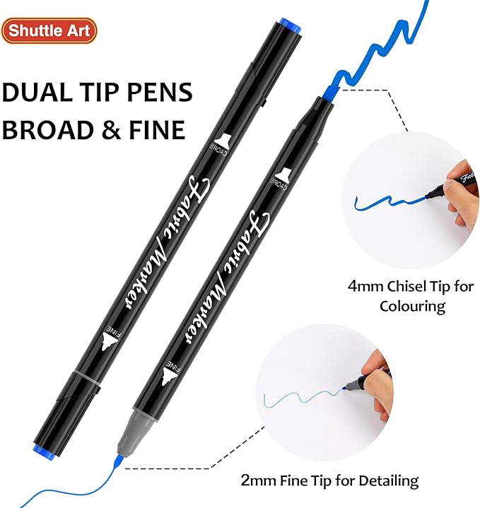 Shuttle Art Dual Tip Fabric Markers, 30 Colors Permanent No Bleed Pens for T-Shirts Sneakers, Non-Toxic & Child Safe for Kids Adult Painting Writing