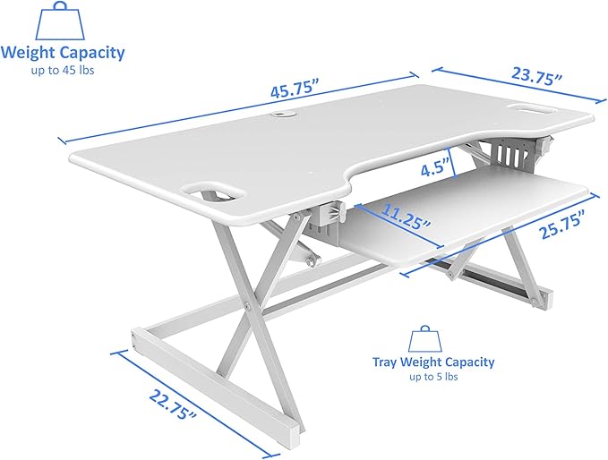 Rocelco 46" Large Height Adjustable Standing Desk Converter with Double Monitor Mount Stand BUNDLE - Quick Sit Stand Up Computer Workstation Riser - Retractable Keyboard Tray - White (R DADRW-46-DMS)