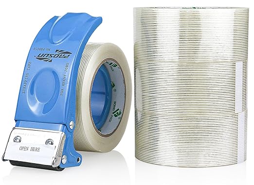 BOMEI PACK Strapping Tape 2Inch with Dispenser, Heavy Duty Fiberglass Reinforced Packing Tape with String for Moving and Shipping, 4Rolls x 5.5Mil x 35Yds, Total 140Yds