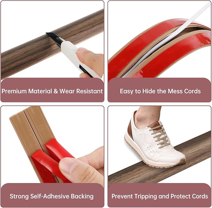 Floor Cord Cover Self Adhesive Cord Hider Floor Extension Cord Covers for Floor Power Cord Protector Cable Management Prevent Cable Trips Cable Cavity 0.32" W x 0.32" H (Smoked Brown Wood, 20Ft)