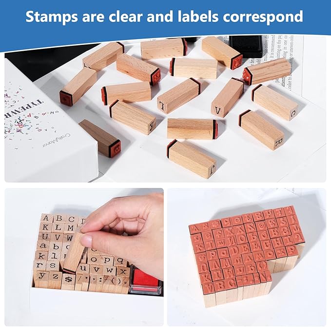 65 PCS Small Letter Stamps and Ink Pad for Crafting, Clay Alphabet Wooden Rubber Stamp Kit for Kids, DIY Craft Scrapbook Supplies for Card Making (Large-68PCS)