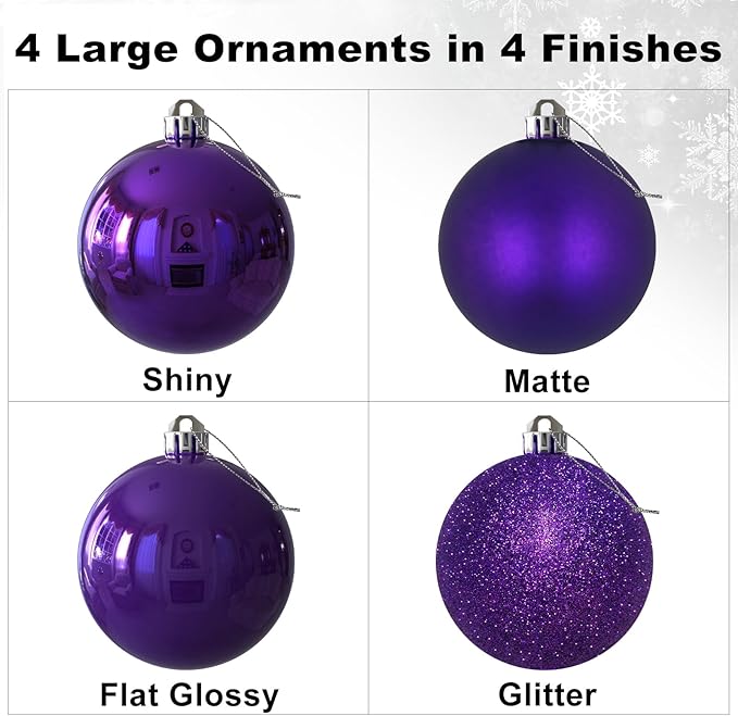 Purple 4.0" Large Christmas Balls - Christmas Tree Decoration Ornaments Shatterproof Hanging Balls for Birthday Halloween Holiday Wedding Decorations Set of 4pcs