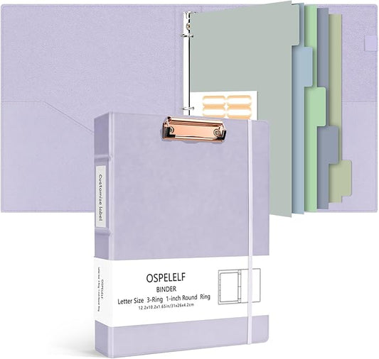 Ospelelf 3 Ring Binder 1 Inch Vintage Hardcover, Leather Organizer for Letter Size, Professional Clipboard with Dividers and Tabs, Purple