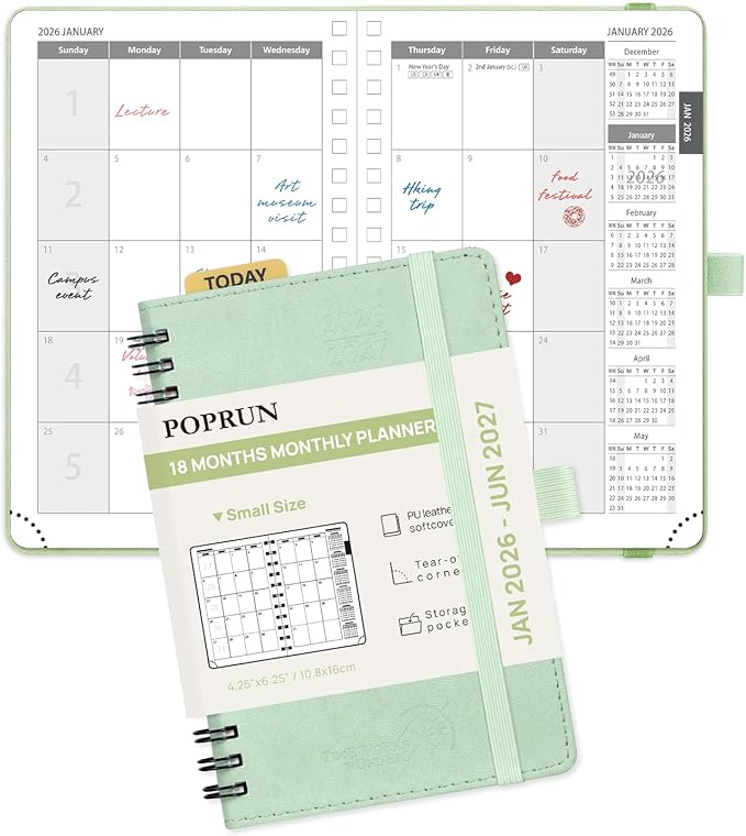 POPRUN Monthly Planner 2026-2027 (Pocket 4.25" x 6.25") 18 Months Calendar (Jan 2026 - Jun 2027) - 4 Pages per Month with Expense & Notes, Leather Cover, Sunday Starts - Green
