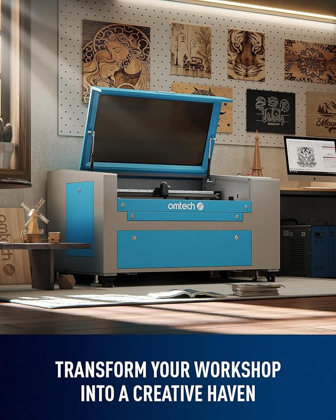 OMTech 60W CO2 Laser Engraver with LightBurn and Water Chiller, 16"x24" Laser Engraving Cutting Machine with Air Assist 2 Way Pass Digital Controls, Commercial Laser Cutter