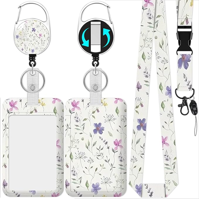 Flower Lanyards with Id Holder, ID Badge Holder with Retractable Lanyard, ID Holder with Badge Reel Clips, Name Tag ID Card Holder Teacher Women Doctor Office Gift