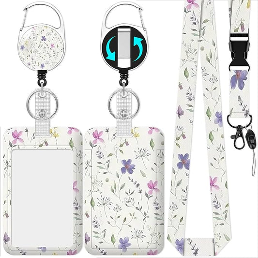 Flower Lanyards with Id Holder, ID Badge Holder with Retractable Lanyard, ID Holder with Badge Reel Clips, Name Tag ID Card Holder Teacher Women Doctor Office Gift