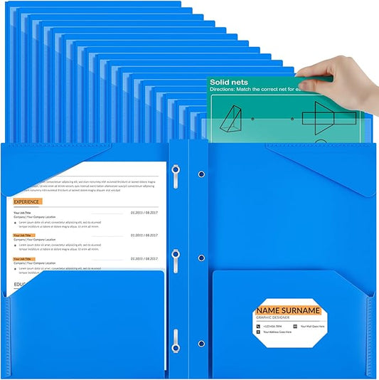 Henoyso 48 Pcs Plastic Folder with Clear Front Pocket and 3 Prongs Heavy Duty Plastic Folders with Card Slot Pocket Folders with Prongs for School Office Home(Blue)