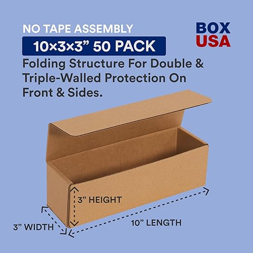 BOX USA Moving Boxes 10"L x 3"W x 3"H Long 50-Pack | Corrugated Cardboard Box for Packing, Moving and Storage 10x3x3 1033