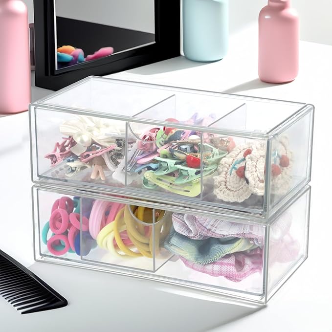 Set of 2 Stackable Storage Drawers - 7.8" Clear Plastic Drawer Storage, Acrylic Makeup Organizer, Desk Counter Cabinet Office Organizer, Bathroom Organizers and Storage (3 Grid/Set of 2)