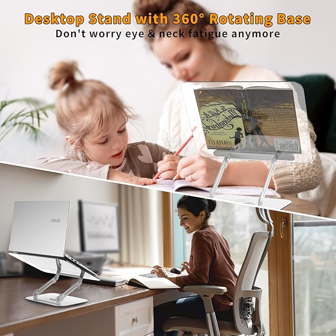 Acrylic Book Stand for Reading,Adjustable Holder with 360° Rotates Base & Page Clips,Foldable Desktop Ricer for Cookbook,Music Scores,Laptop,Tablet,Recipe,Textbook,Magazines