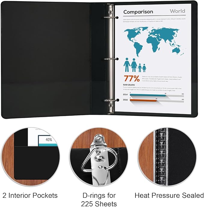 Comix Sturdy 3-Ring-Binder 1-inch D Ring Binders Hold 225 Sheets of 8.5" x 11" Paper, 8 Pack (Black)