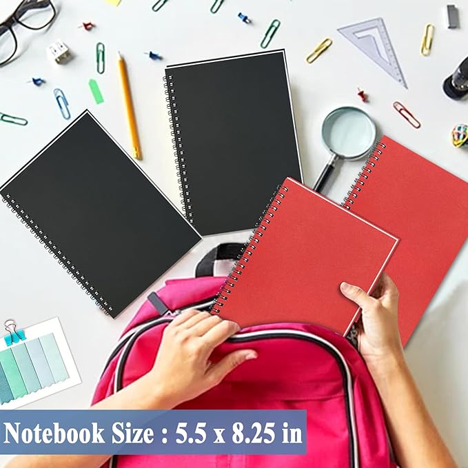 4Pack Small Spiral Notebook A5, 8.25x5.5” 120 Lined Pages Black & Red Wide Ruled Spiral Journal Bulk Blank Kraft Cover Spiral Bound Notebook & Writing Pads for Home Office Meeting Work Note Taking