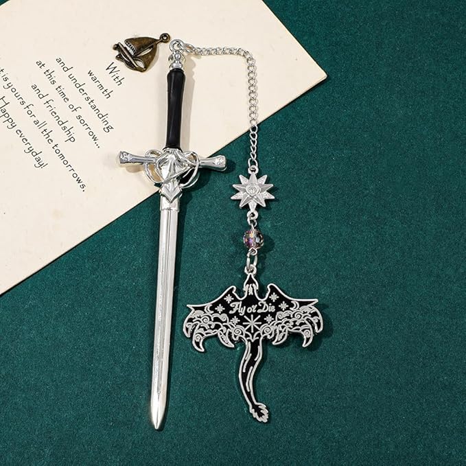 Fantasy Dragon Leather Corner Bookmark, Elegant Metal Dragon Charms Leather Page Saver, Chic Book Accessory for Bookworms, Great Gift for Dragon & Book Lovers (Dragon Sword D)