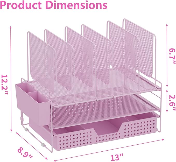 Desk Organizer, Office Organization with Vertical File Holder, File Organizer with Drawer and Pen Holder, Desk Accessories and Workspace Organizers for Home Office (Pink)