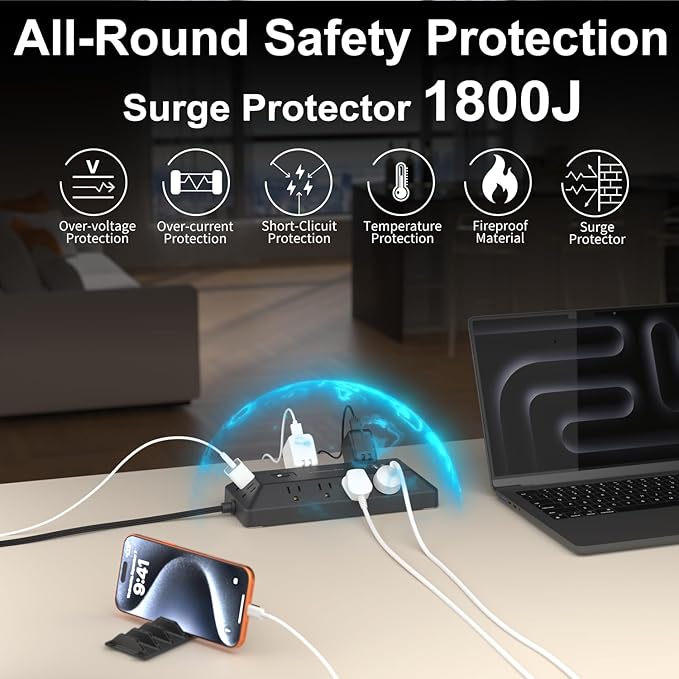 Surge Protector Power Strip with USB Ports, 12 Outlets 2 USB-C 2 USB-A, 6 Ft Flat Plug Extension Cord, Multi Plug Outlet as Charging Station for Desk, Office, Home,Dorm, UL Certification (Black)