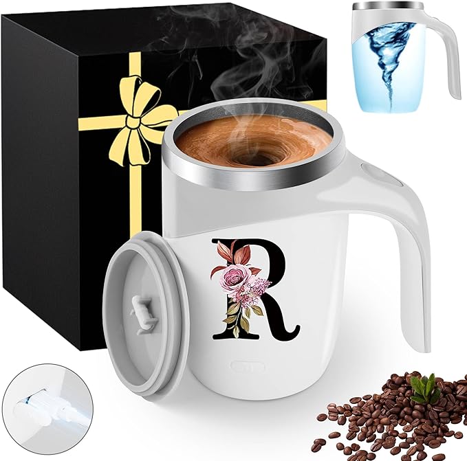 Initial Magnetic Stirring Coffee Mug Stainless Insulated Travel Cup Women Birthday Xmas Day Holiday Female Teacher Aunt Big Small Sister Law Mother Step Mother Wedding Groom Bride Officiant Gift,R