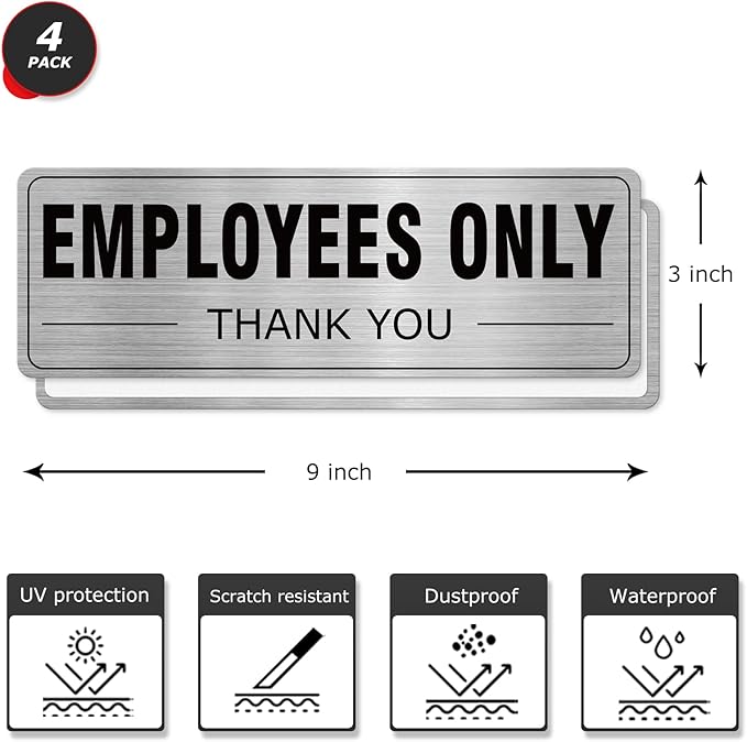 Employees Only Sign Aluminum Silver 9 x 3 Inches Self-Adhesive Waterproof Metal Door Wall Sign for Business Offices 4 Pack